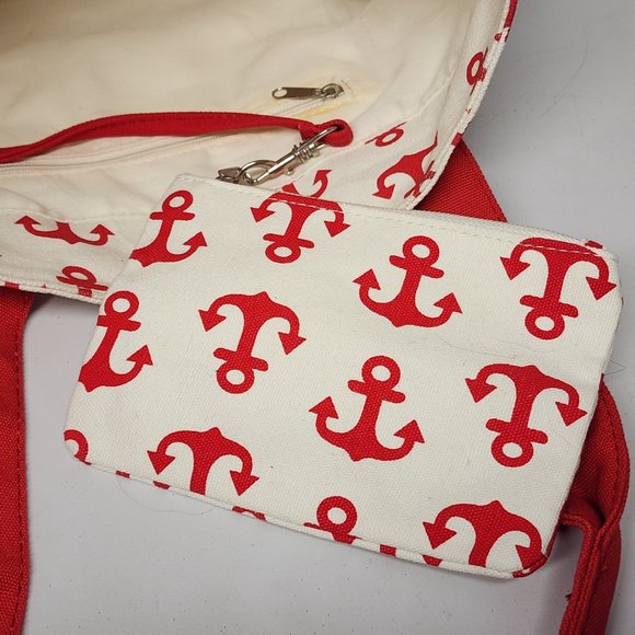 Unbranded Canvas Boat Tote Red Anchor Print Snap Closure Pockets/Change Purse - Picture 11 of 13